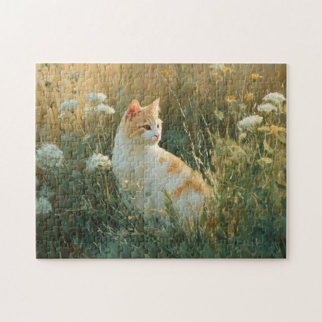 Katt i en Wildblomma Fält Pussel (Horisontell)