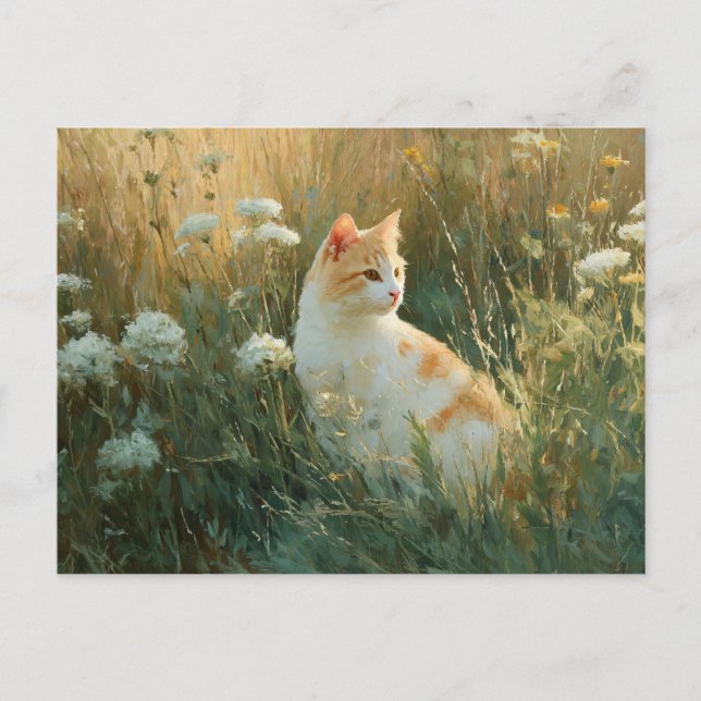 Katt i en Wildblomma Fält Vykort (Framsida)