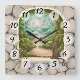 Katt i ett fönster fyrkantig klocka