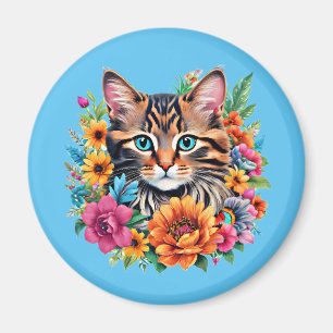 Katt i färgrik blomsterkrans magnet