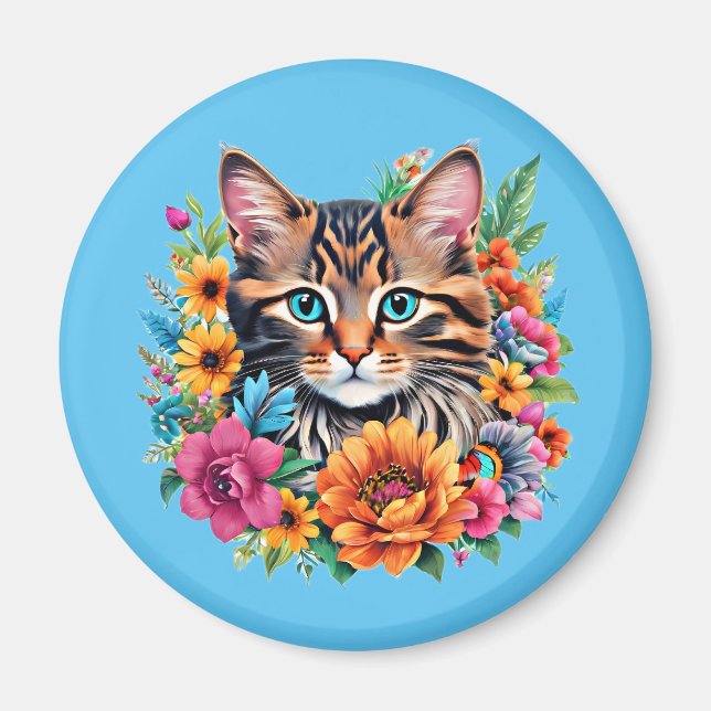Katt i färgrik blomsterkrans magnet (Framsidan)