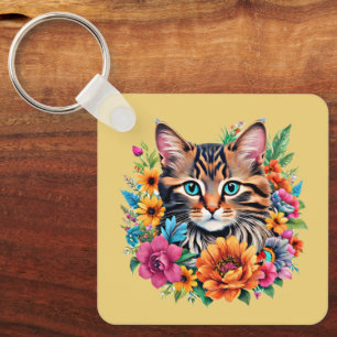 Katt i färgrik blomsterkrans nyckelring