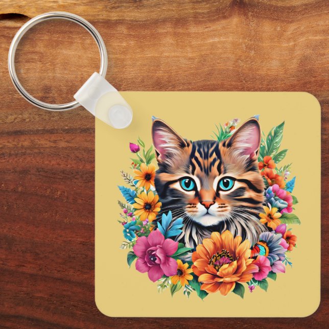 Katt i färgrik blomsterkrans nyckelring (Framsida)