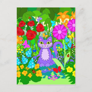 Katt i Garden Fantasy Flowers Butterflies Ladybugs Vykort