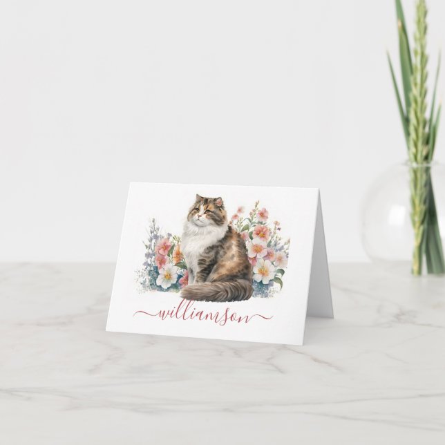 Katt i Garden Watercolor & Last Name Anteckningskort (Framsida)