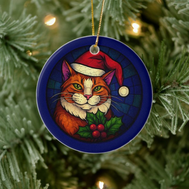 Katt i glasmålning jul orange marmorerad julgransprydnad keramik (Träd)