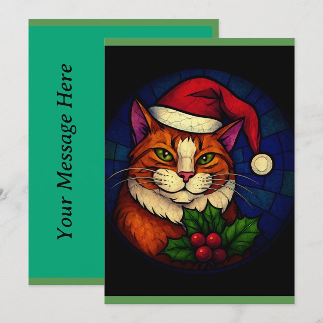 Katt i glasmålning jul orange marmorerad julkort (Fram/baksida)