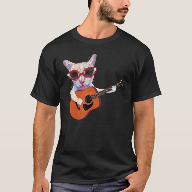 Katt i glasögon som spelar gitargrafik överst t shirt (Framsida)