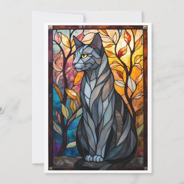 Katt i grått med blad i glasmålningstil kort (Framsida)