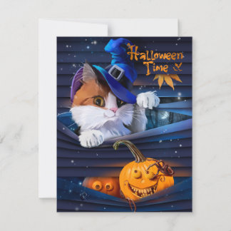 Katt i guidhattar och hallopolpumpa anteckningskort