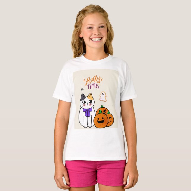 Katt i Halloween Stil med påssjuka och Ghost T Shirt (Hel framsida)