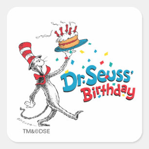 Katt i Hat   Seuss födelsedag Fyrkantigt Klistermärke