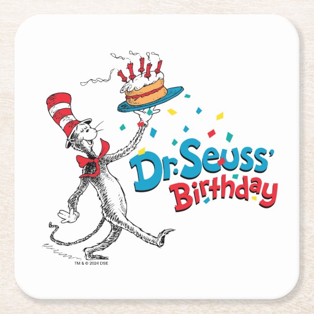 Katt i Hat | Seuss födelsedag Underlägg Papper Kvadrat (Framsidan)