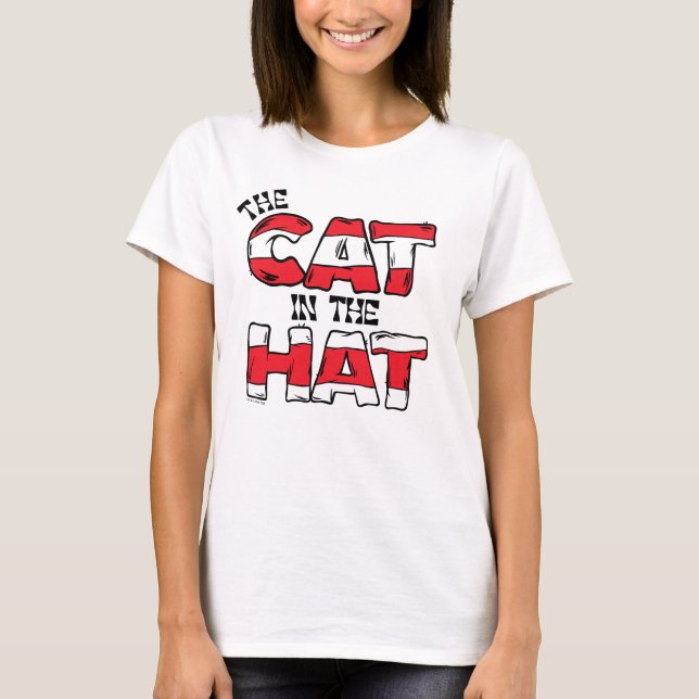 Katt i hatt | Röd och vit text med strimlad text T Shirt (Framsida)
