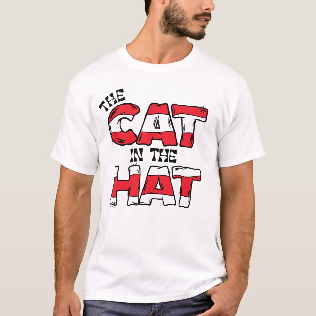 Katt i hatt | Röd och vit text med strimlad text T Shirt (Framsida)