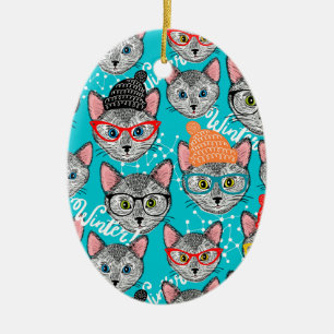 Katt i hatten julgransprydnad keramik