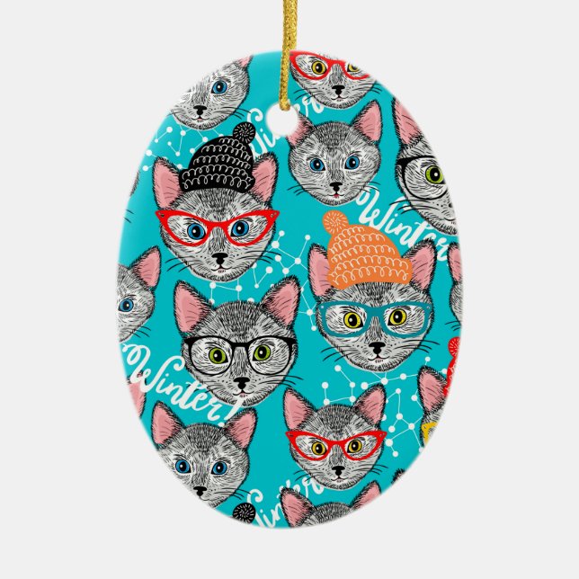 Katt i hatten julgransprydnad keramik (Framsidan)