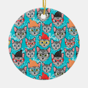 Katt i hatten julgransprydnad keramik