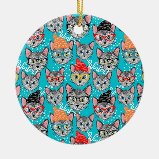 Katt i hatten julgransprydnad keramik (Framsidan)