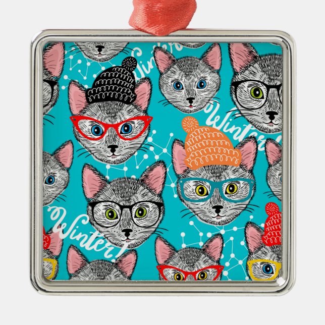 Katt i hatten julgransprydnad metall (Framsidan)