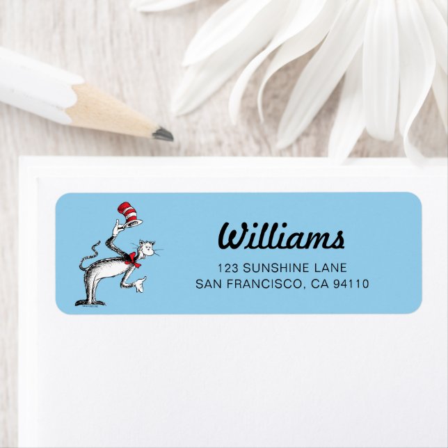 Katt i hatten tar en bow returadress etikett (Insitu)