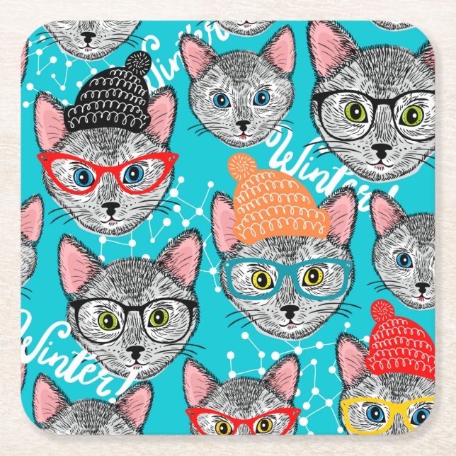 Katt i hatten underlägg papper kvadrat (Framsidan)