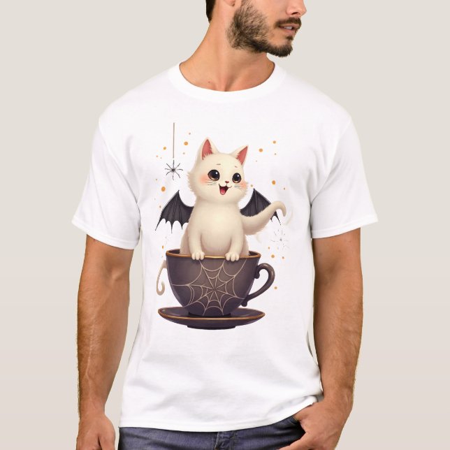 Katt i hemsökt tekopp t shirt (Framsida)