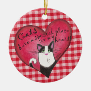 Katt i hjärtat på Red & White Gingham Julgransprydnad Keramik
