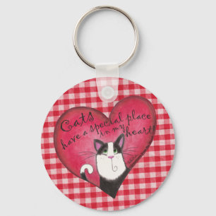 Katt i hjärtat på Red & White Gingham Nyckelring