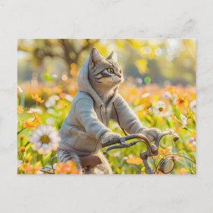 Katt i hoodie cyklar över sommaräng helg vykort