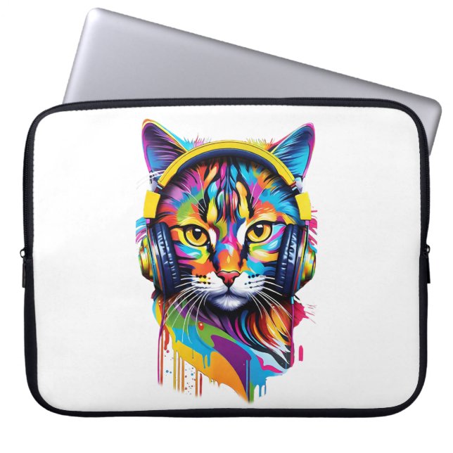 Katt i hörlurar laptop fodral (Framsidan)