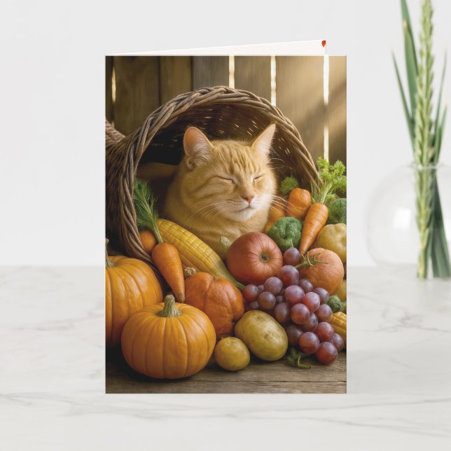 Katt i horn av överflöd på Thanksgiving Helgkort (Framsida)