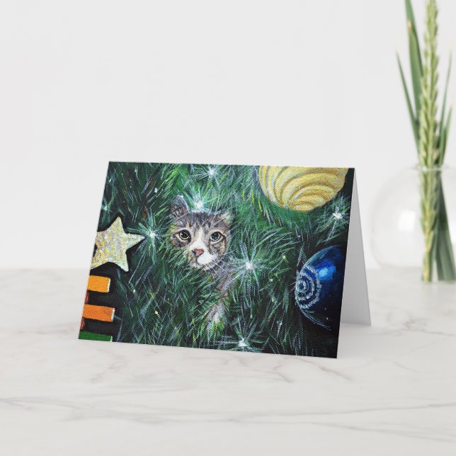 Katt i julgranen målning kort (Framsida)