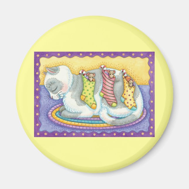 Katt i julklapp med möss i lager magnet (Framsidan)