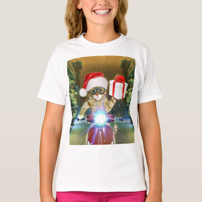 Katt i Jultomten som ger julklapp T Shirt (Framsida)