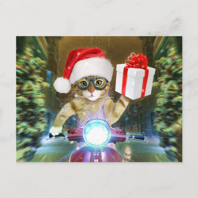 Katt i Jultomten som ger julklapp Vykort (Framsida)