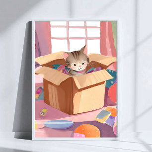 Katt i kartong Kattunge Vattenfärg Katt Konst Poster