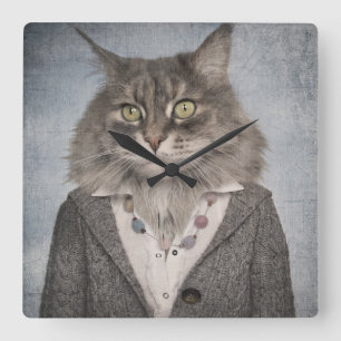 Katt i kläder fyrkantig klocka