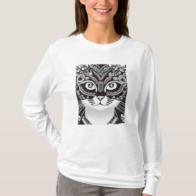 Katt i långärmaden Black & White Mardi Gras Mask T Shirt (Framsida)