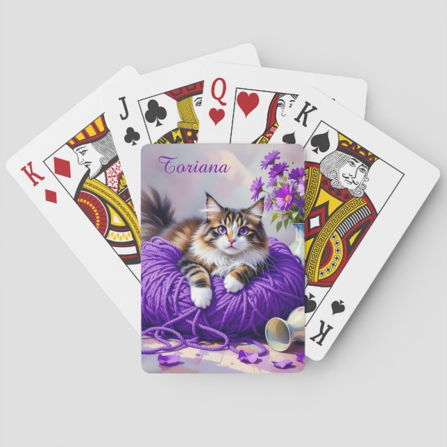 Katt i lila garn och blommor casinokort (Baksidan)