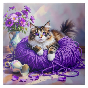Katt i lila garn och blommor kakelplatta