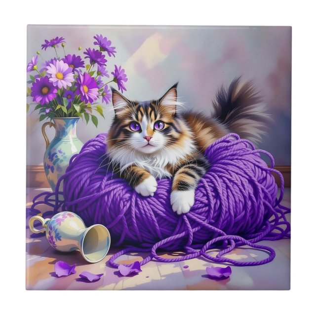 Katt  i lila garn och blommor   kakelplatta (Framsidan)