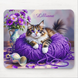 Katt i lila garn och blommor Personlig Musmatta