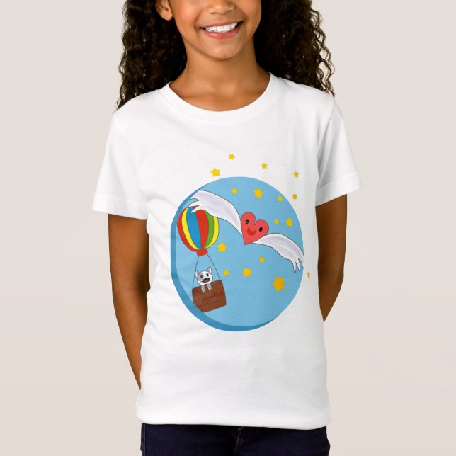 Katt i Luft Balloon Kawaii Heart med Vingar T Shirt (Framsida)