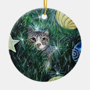 Katt i målning av Julgran Julgransprydnad Keramik