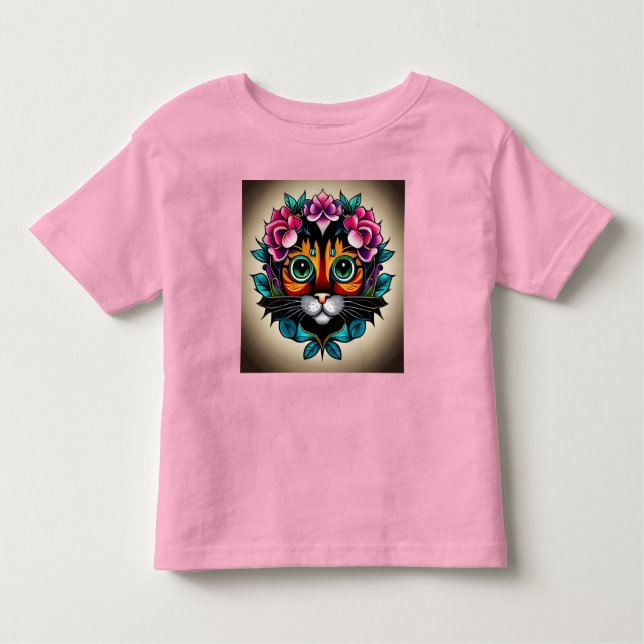 Katt i Mexikanska konsten Stil med Rosa blommor T- T Shirt (Framsida)