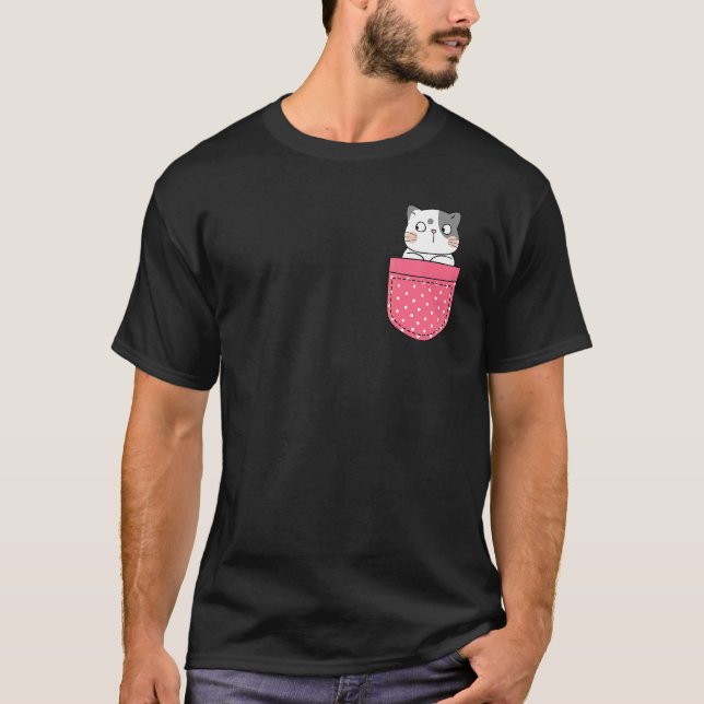 Katt I Min Ficka Rosa Prickig Ficka Katt T Shirt (Framsida)