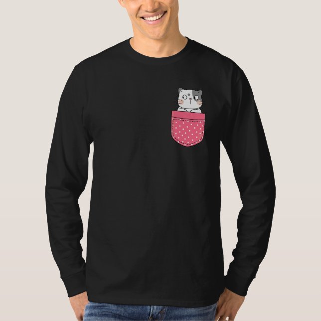 Katt I Min Ficka Rosa Prickig Ficka Katt T Shirt (Framsida)