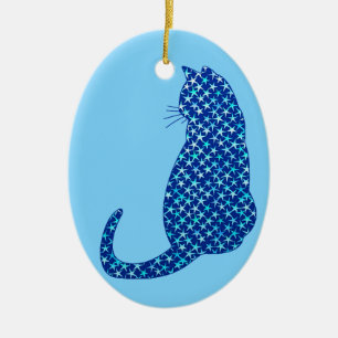 Katt i Mönster på stjärnor på djupblått Julgransprydnad Keramik