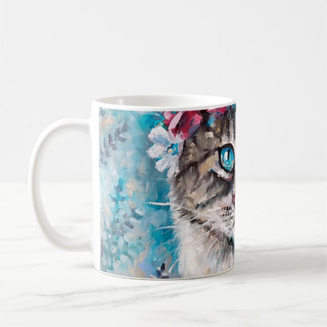 Katt i oljemålningen för blomkrans på canvas. Wint Kaffemugg (Vänster)